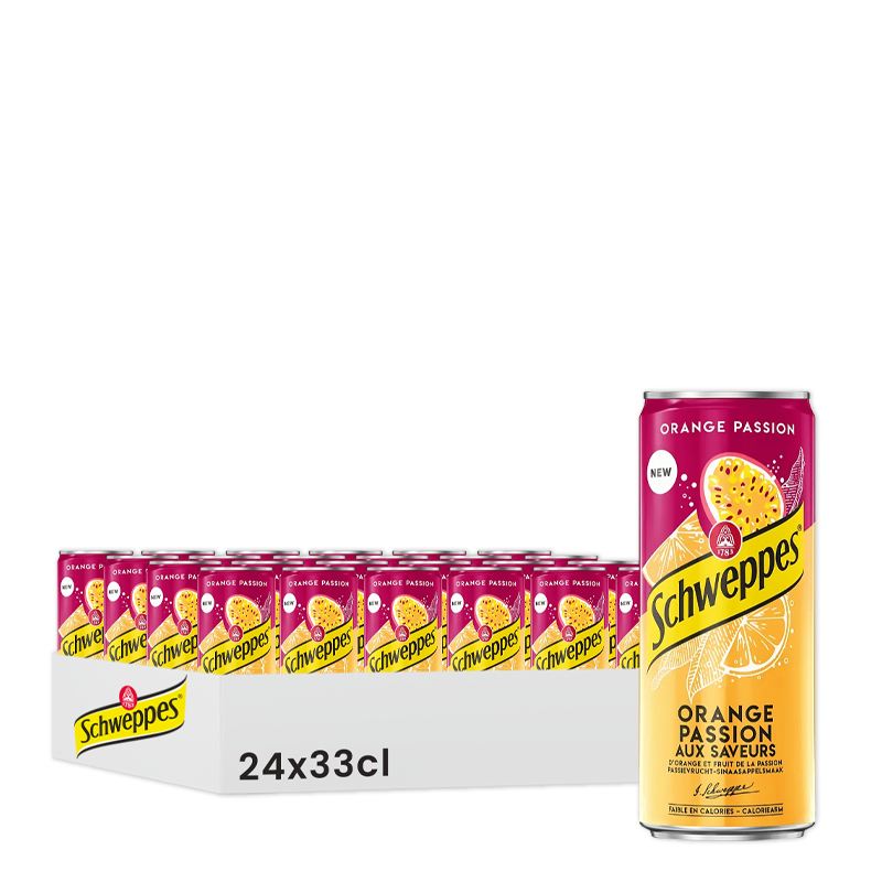 Schweppes Orange Passion, pack de 24 canettes de 33 cl.