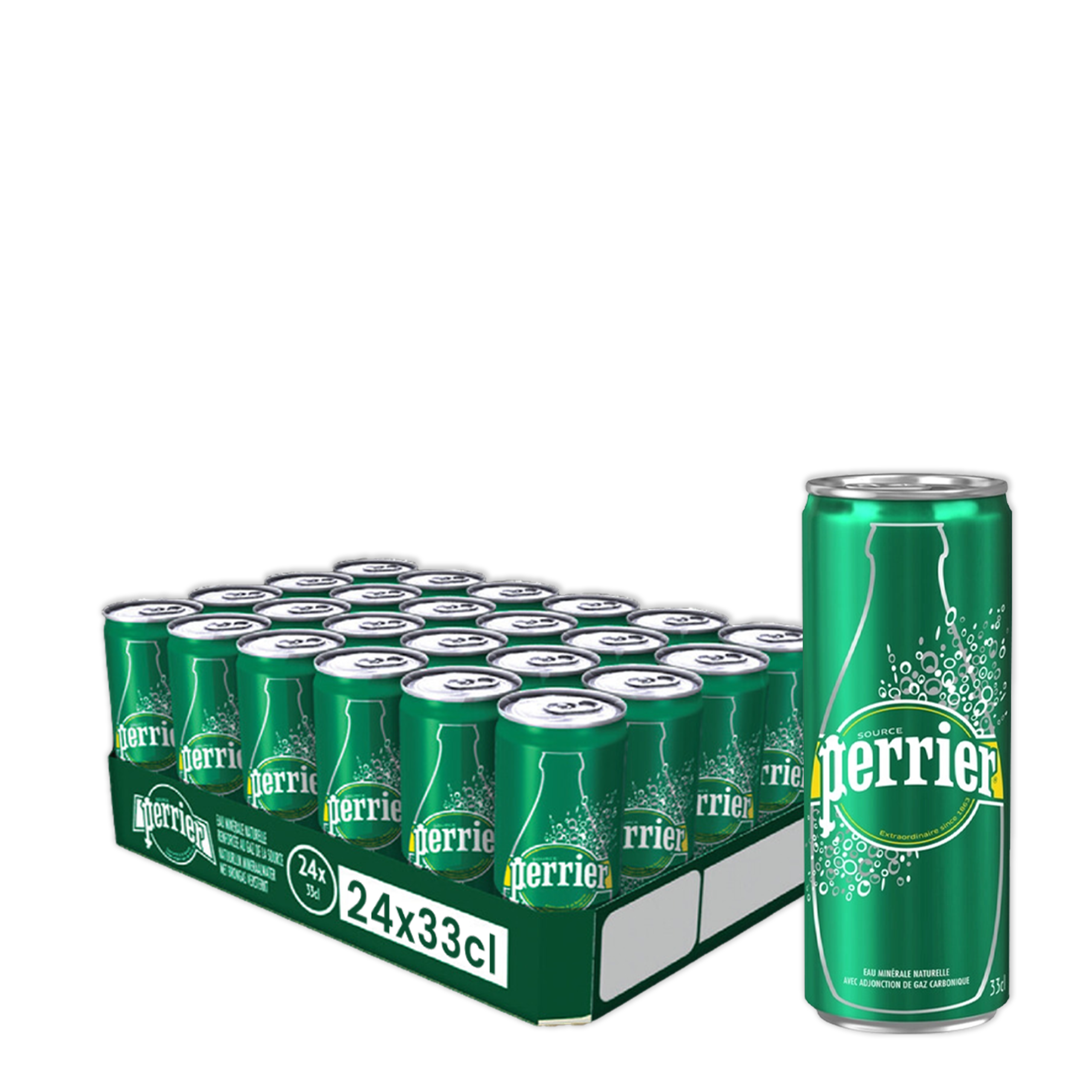 Perrier, pack de 24 canettes de 33cl.