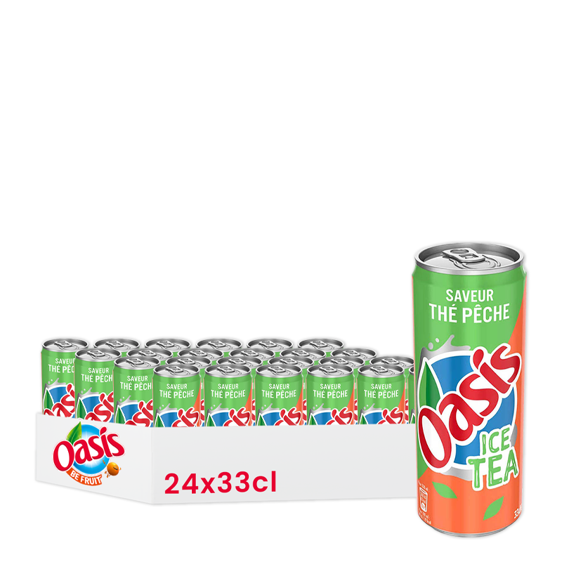 Oasis Thé Pêche, pack de 24 canettes de 33cl.