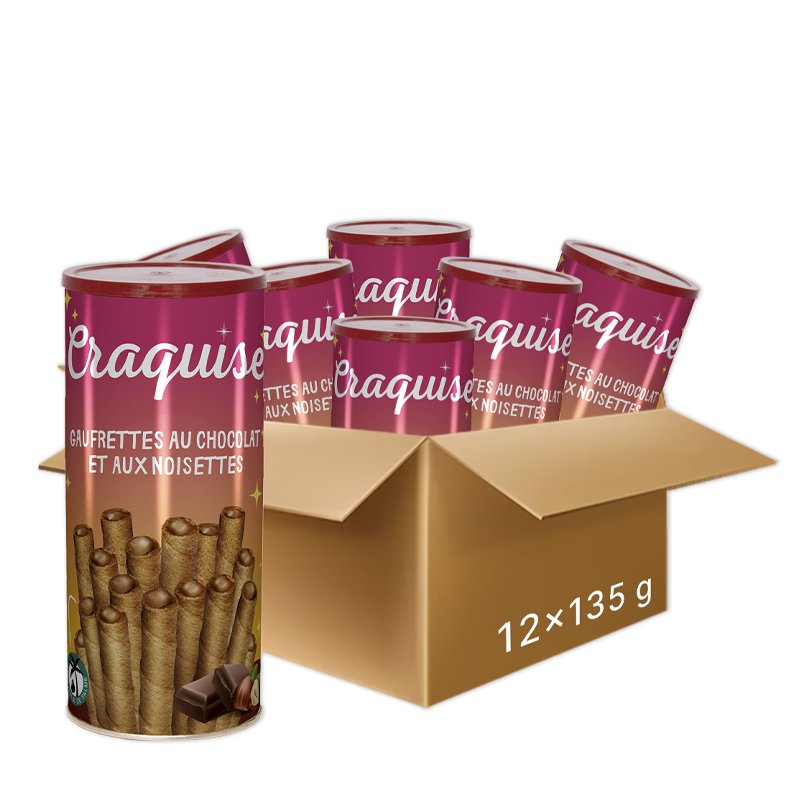 Craquise gaufrettes fourrées au chocolat et aux noisettes, pack de 12 pots de 135 g.