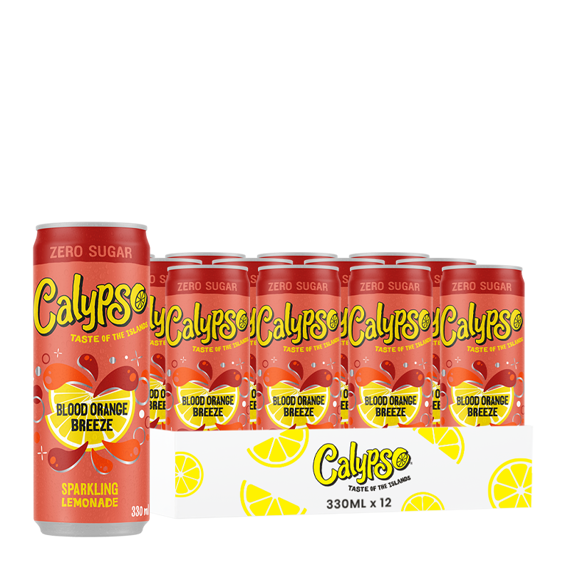 Calypso Blood Orange Breeze Zéro Sucres, pack de 12 canettes de 330 ml.