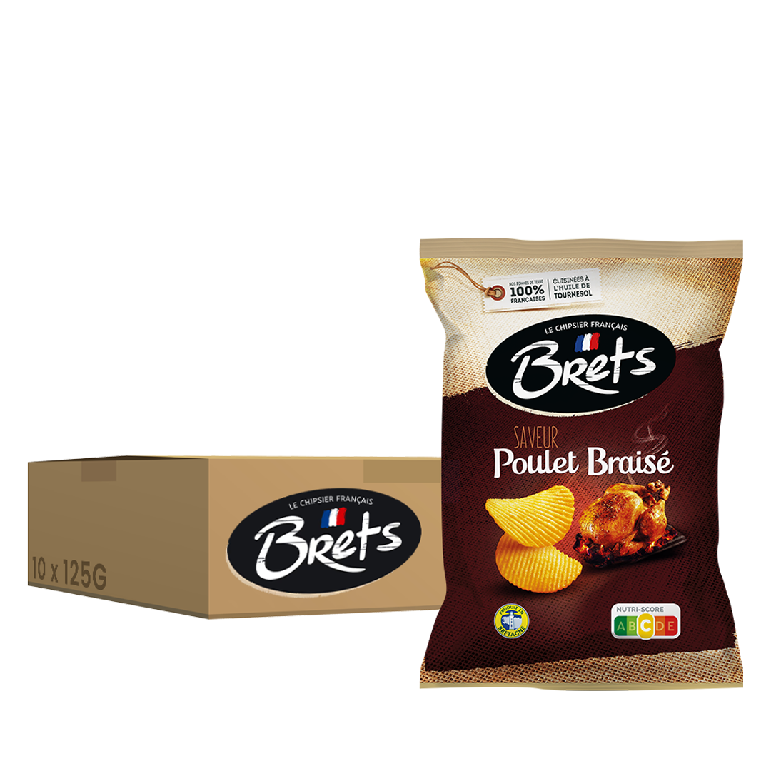 Brets saveur Poulet Braisé, des chips croustillantes au goût généreux de poulet braisé. Disponible en pack de 10 unités de 125 g.