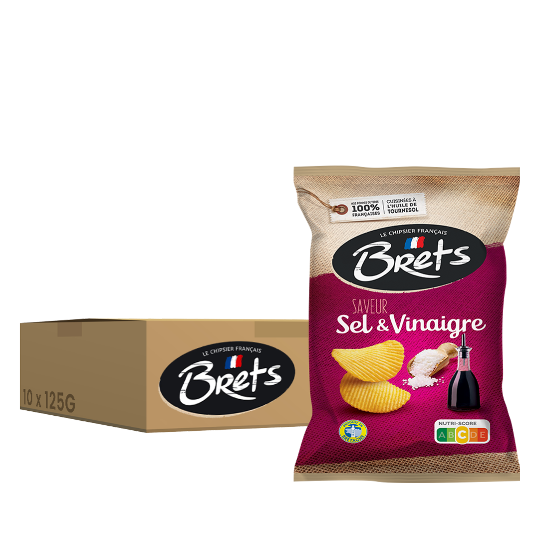 Brets Sel & Vinaigre, des chips croustillantes au goût classique et acidulé de sel et vinaigre. Disponible en pack de 10 unités de 125 g.
